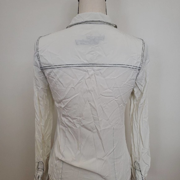 Hippie Laundry White Button Up Shirt Blue Stitching Sz S - Picture 5 of 8